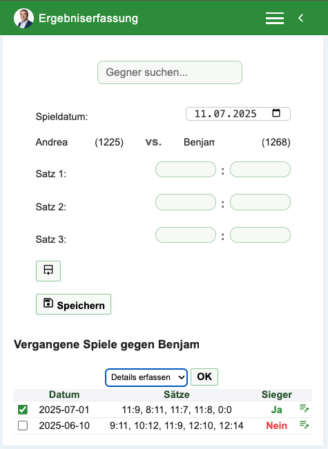 Beispiel Ergebnis Erfassung Gegnerauswahl in der App